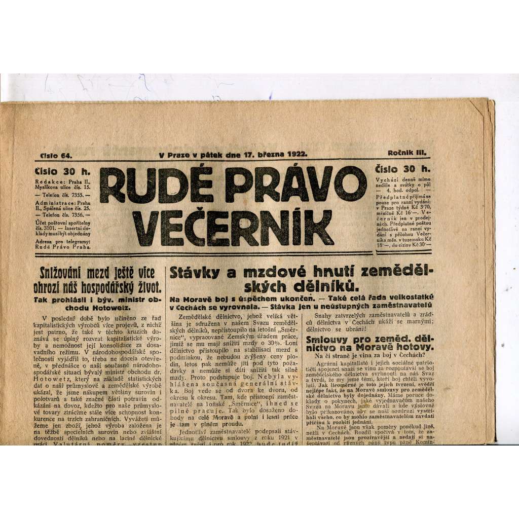 Rudé právo - večerník, ročník III., číslo 64. (17.3.1922). 1. republika, noviny