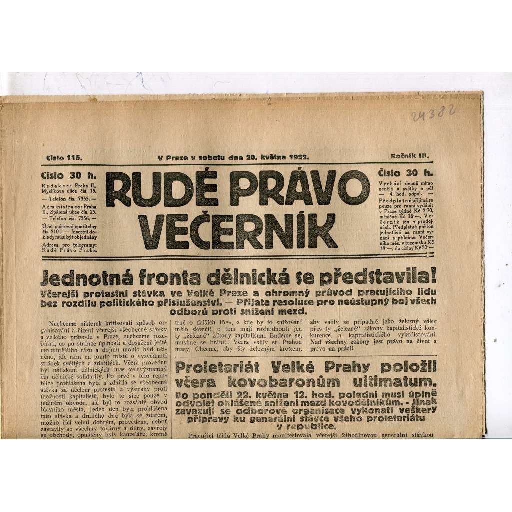 Rudé právo - večerník, ročník III., číslo 115. (20.5.1922). 1. republika, noviny