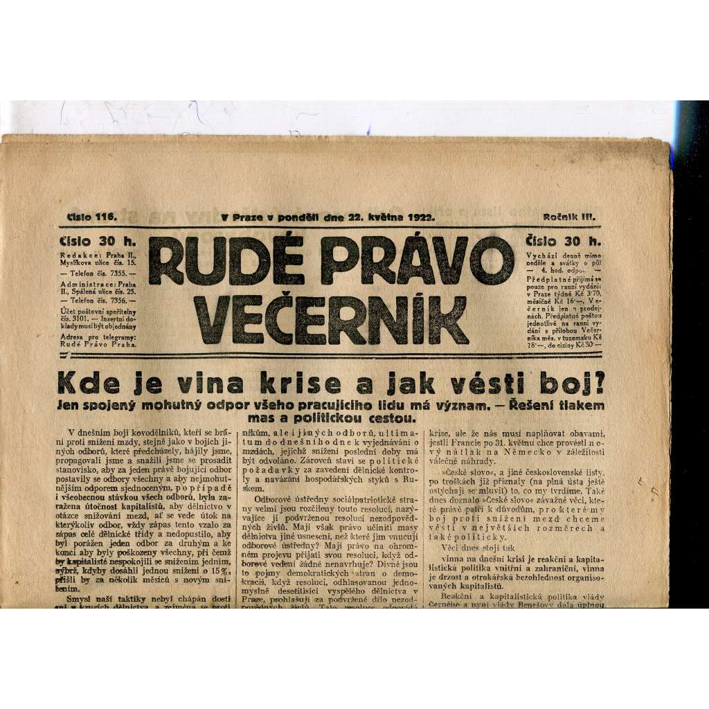 Rudé právo - večerník, ročník III., číslo 116. (22.5.1922). 1. republika, noviny