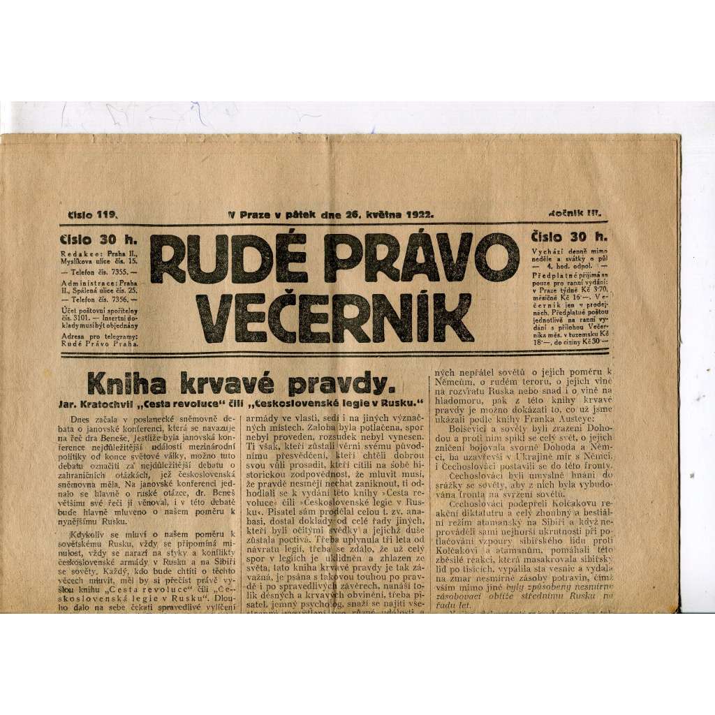 Rudé právo - večerník, ročník III., číslo 119. (26.5.1922). 1. republika, noviny