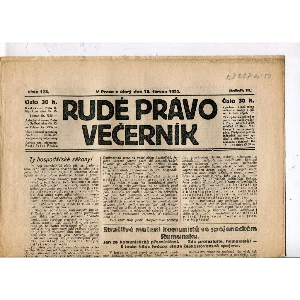 Rudé právo - večerník, ročník III., číslo 133. (13.6.1922). 1. republika, noviny