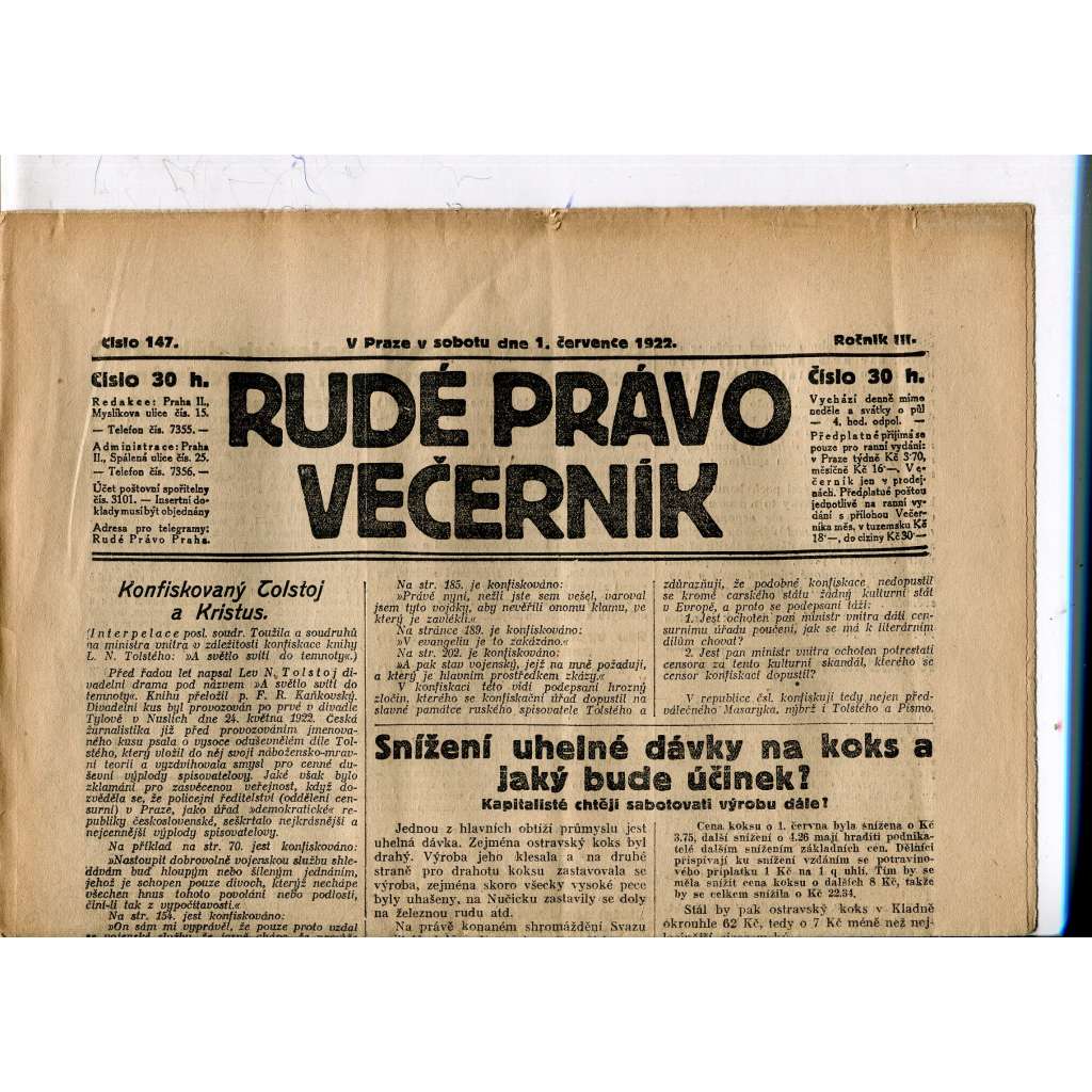 Rudé právo - večerník, ročník III., číslo 147. (1.7.1922). 1. republika, noviny