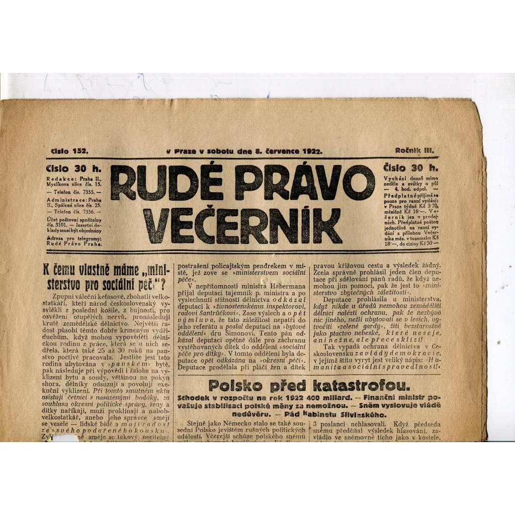 Rudé právo - večerník, ročník III., číslo 152. (8.7.1922). 1. republika, noviny