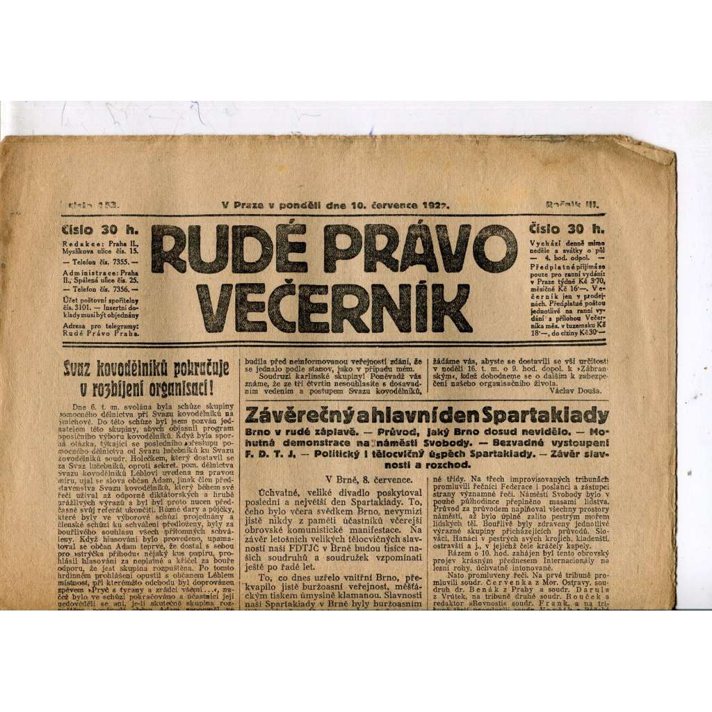 Rudé právo - večerník, ročník III., číslo 153. (10.7.1922). 1. republika, noviny