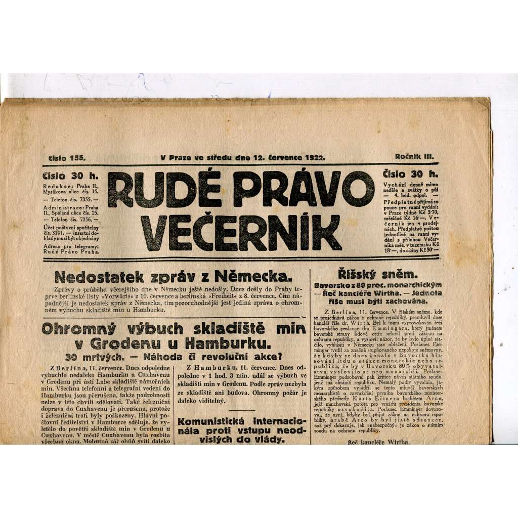 Rudé právo - večerník, ročník III., číslo 155. (12.7.1922). 1. republika, noviny