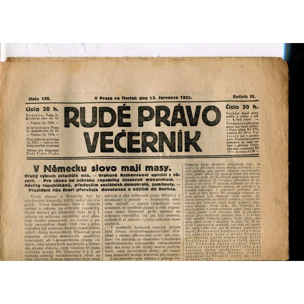Rudé právo - večerník, ročník III., číslo 156. (13.7.1922). 1. republika, noviny