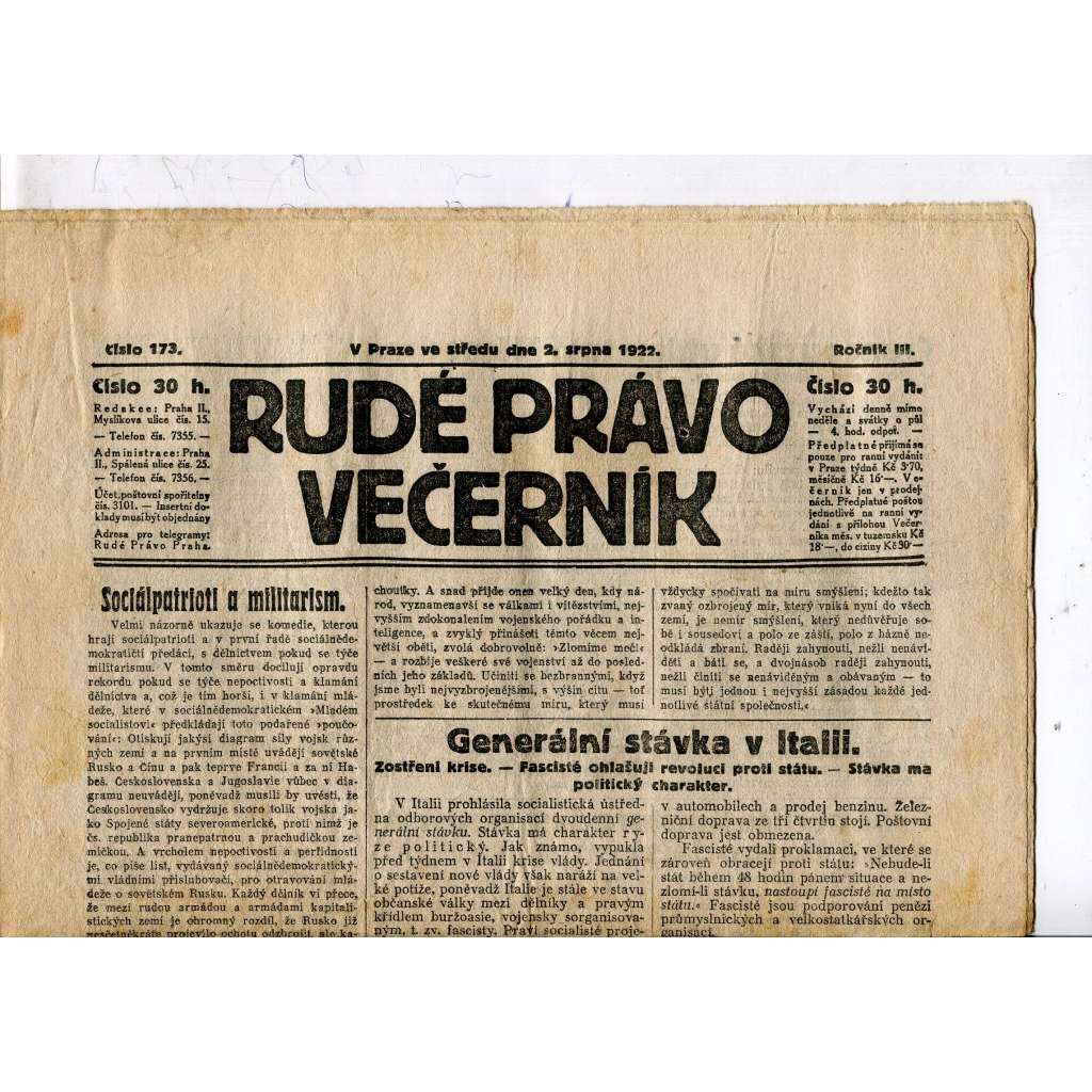 Rudé právo - večerník, ročník III., číslo 173. (2.8.1922). 1. republika, noviny