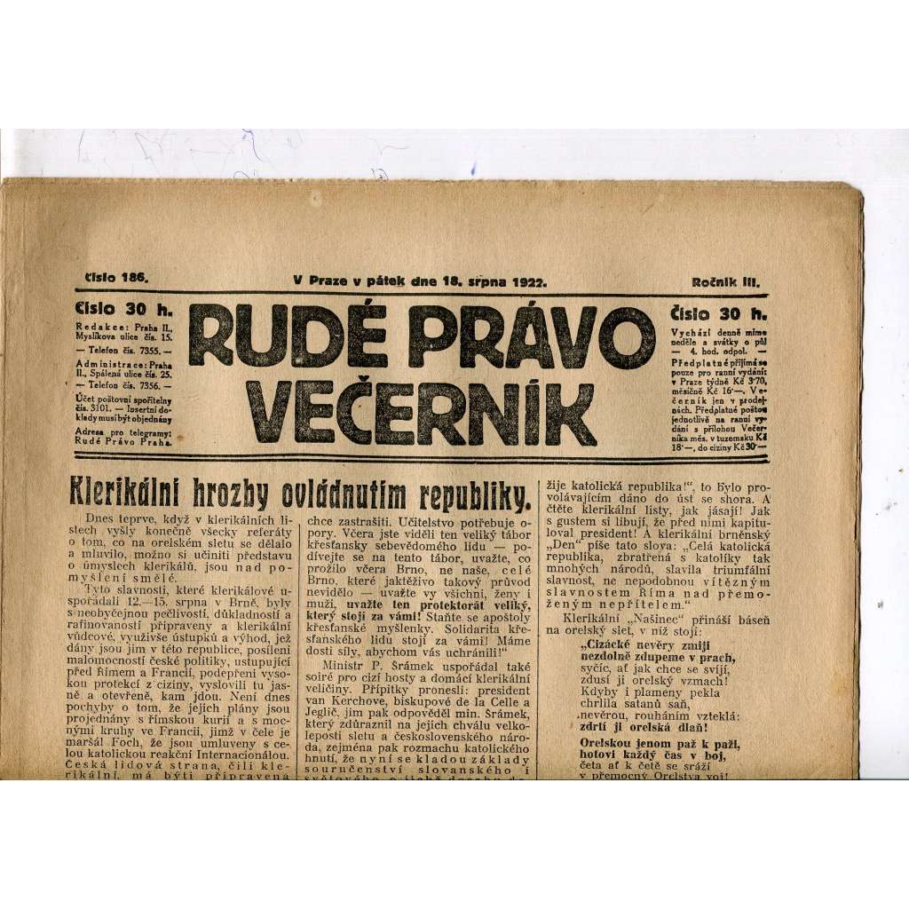 Rudé právo - večerník, ročník III., číslo 186. (18.8.1922). 1. republika, noviny