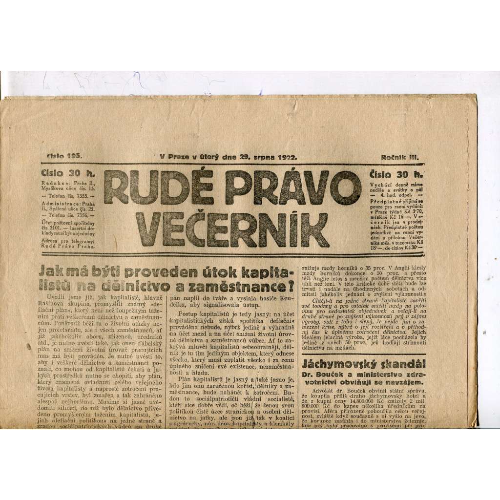 Rudé právo - večerník, ročník III., číslo 195. (29.8.1922). 1. republika, noviny