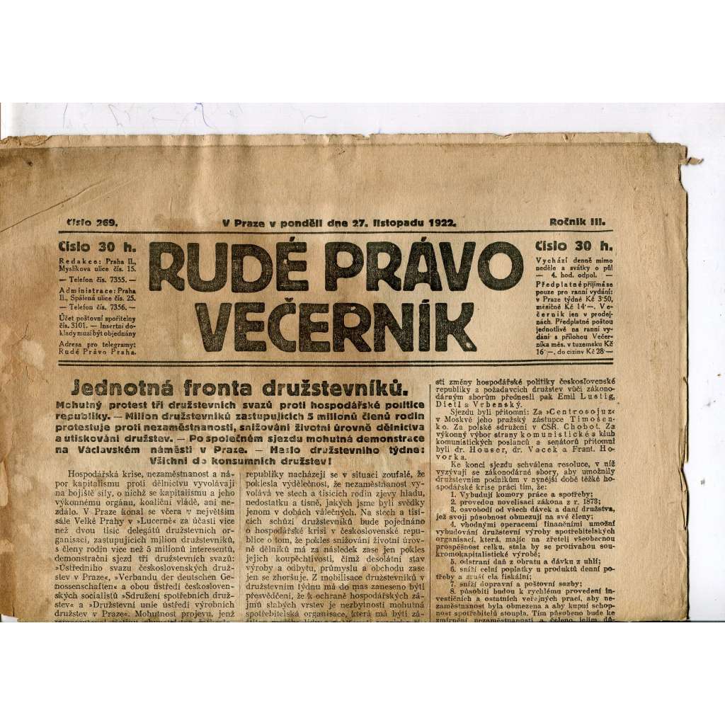 Rudé právo - večerník, ročník III., číslo 269. (27.11.1922). 1. republika, noviny