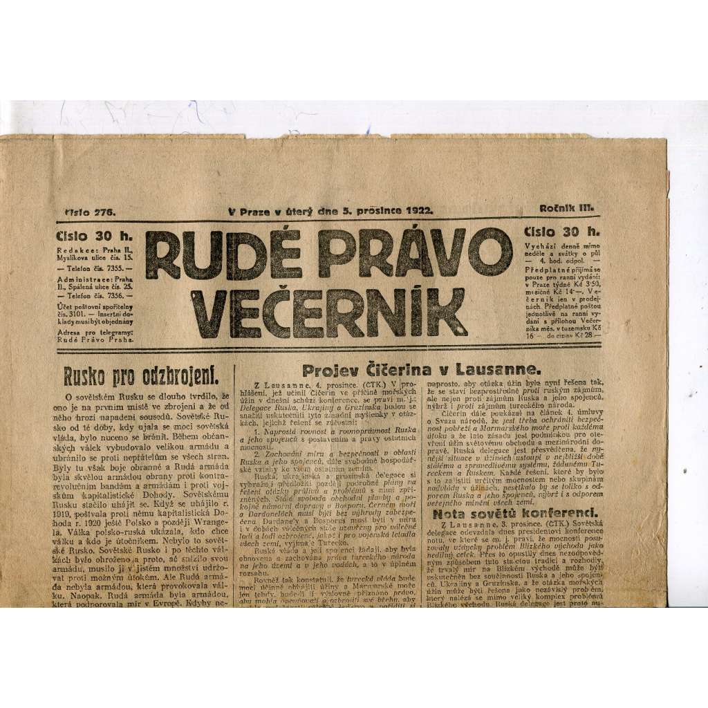 Rudé právo - večerník, ročník III., číslo 276. (5.12.1922). 1. republika, noviny