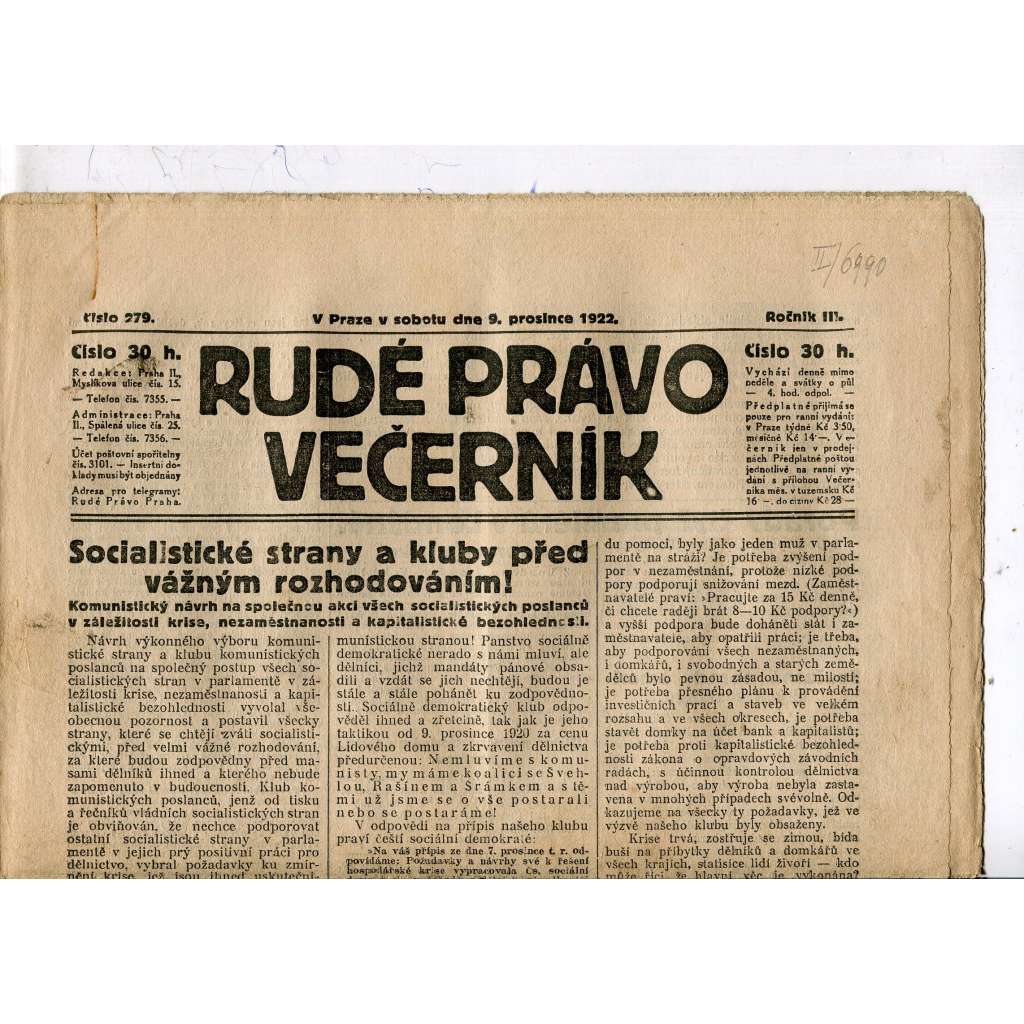 Rudé právo - večerník, ročník III., číslo 279. (9.12.1922). 1. republika, noviny