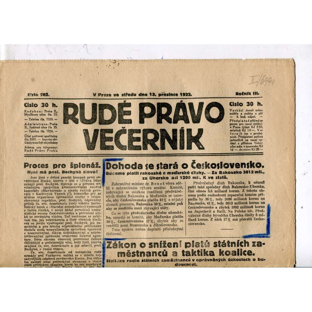 Rudé právo - večerník, ročník III., číslo 282. (13.12.1922). 1. republika, noviny