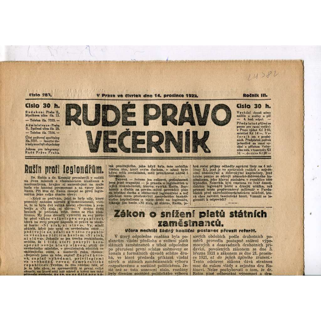 Rudé právo - večerník, ročník III., číslo 283. (14.12.1922). 1. republika, noviny