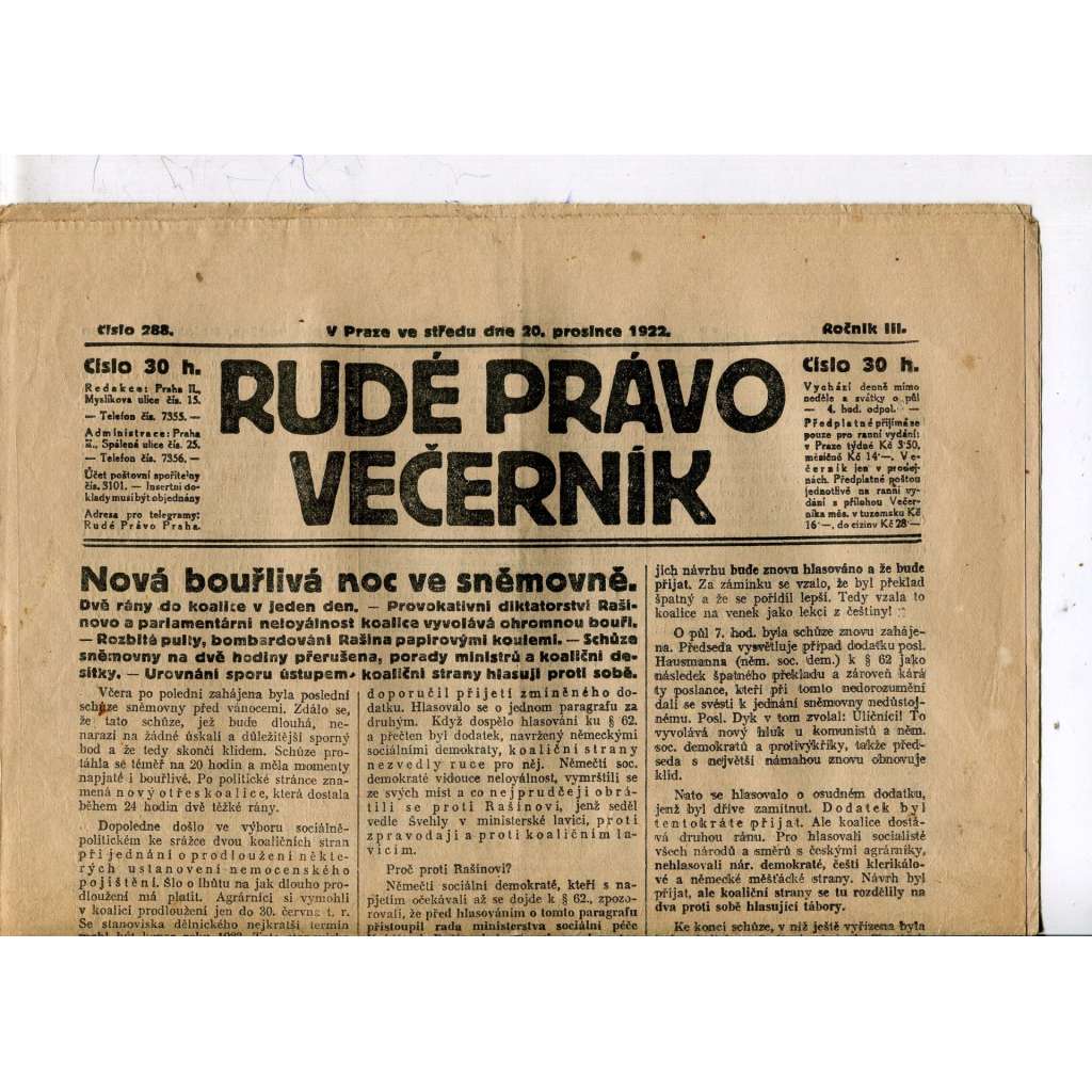 Rudé právo - večerník, ročník III., číslo 288. (20.12.1922). 1. republika, noviny