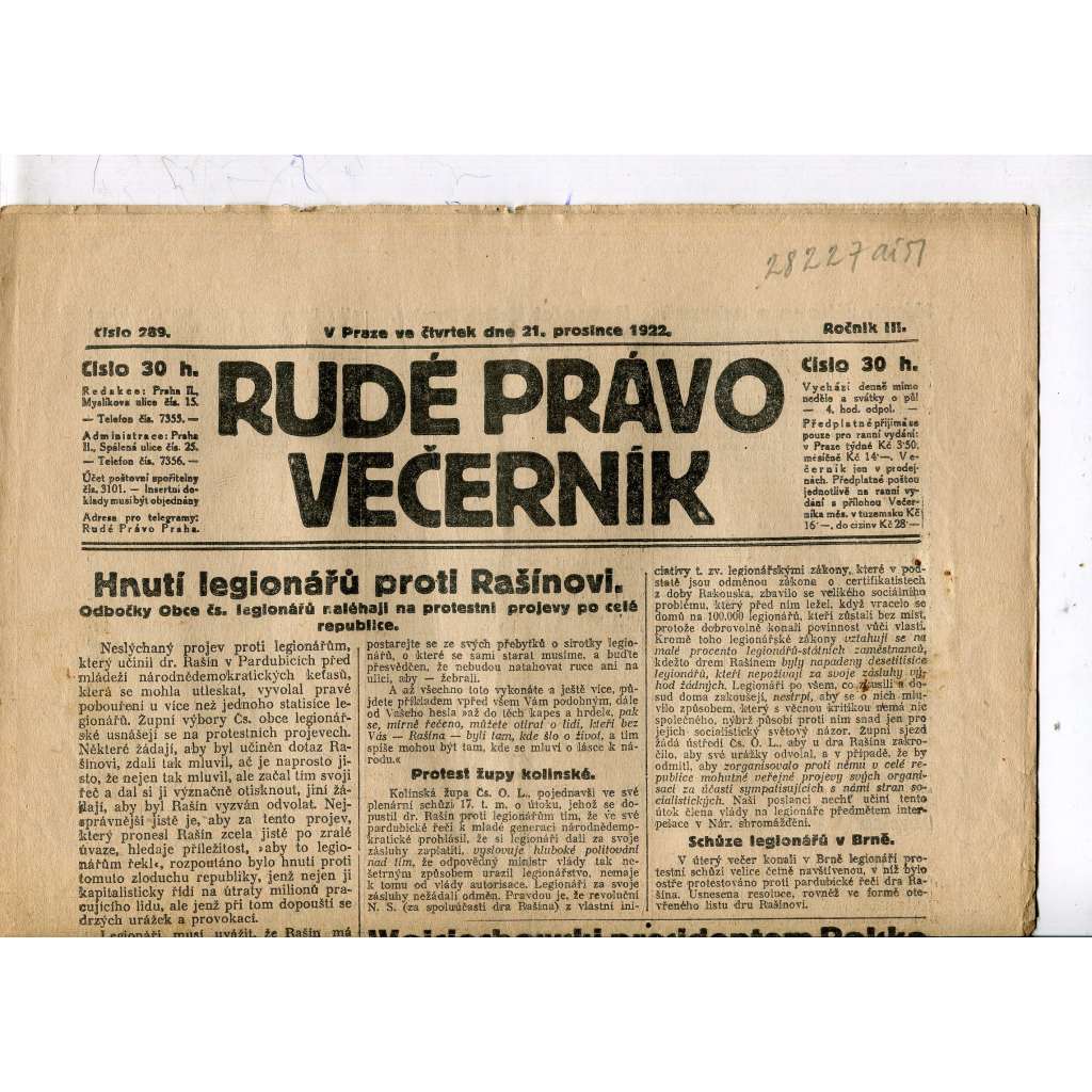Rudé právo - večerník, ročník III., číslo 289. (21.12.1922). 1. republika, noviny