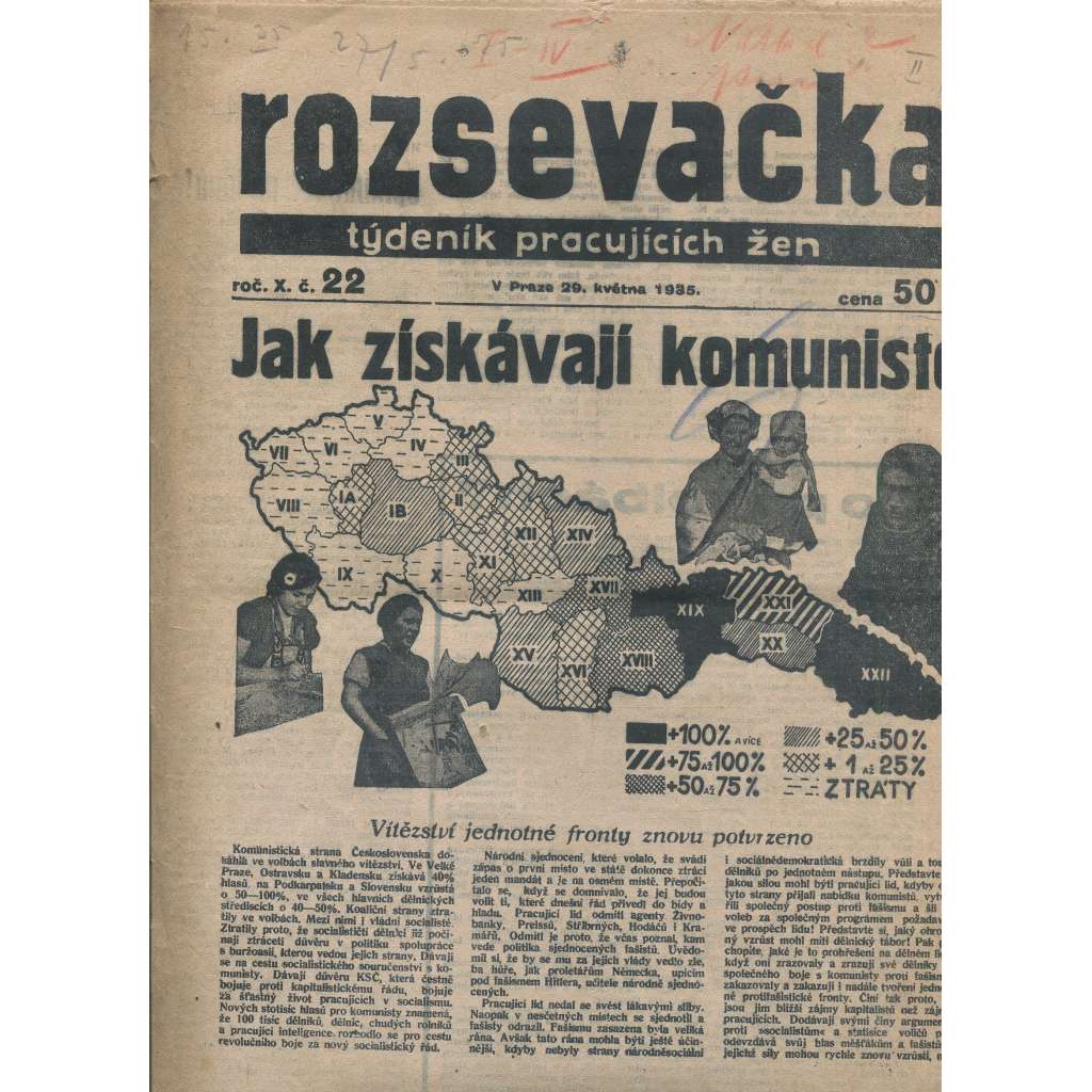 Rozsevačka, ročník X., číslo 22/1935. Týdeník pracujících žen (časopis, 1. republika, noviny)