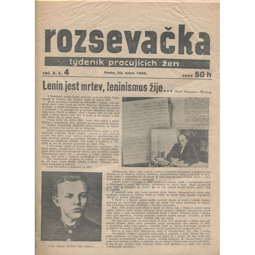 Rozsevačka, ročník X., číslo 4/1935. Týdeník pracujících žen (časopis, 1. republika, noviny)