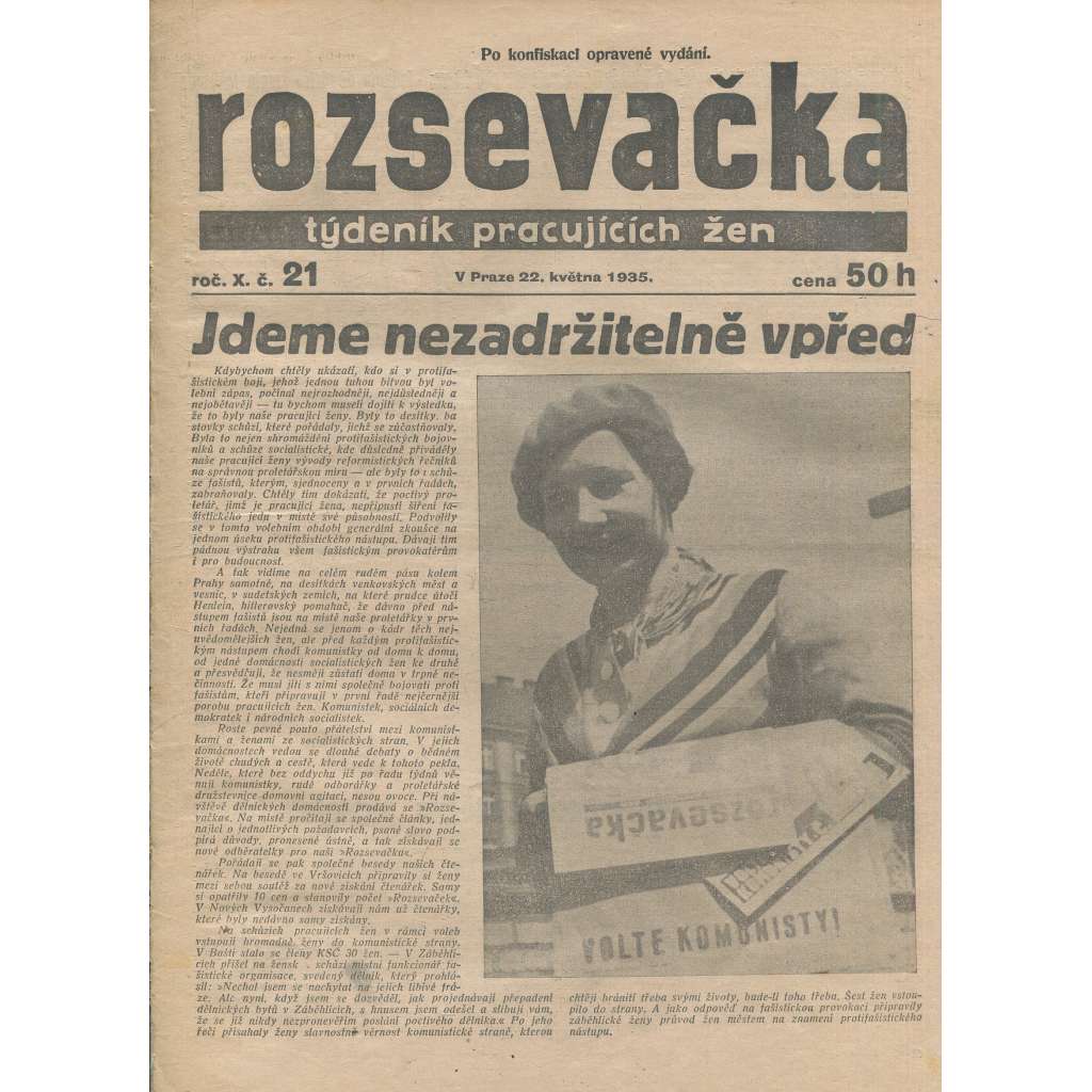 Rozsevačka, ročník X., číslo 21/1935. Týdeník pracujících žen (časopis, 1. republika, noviny)