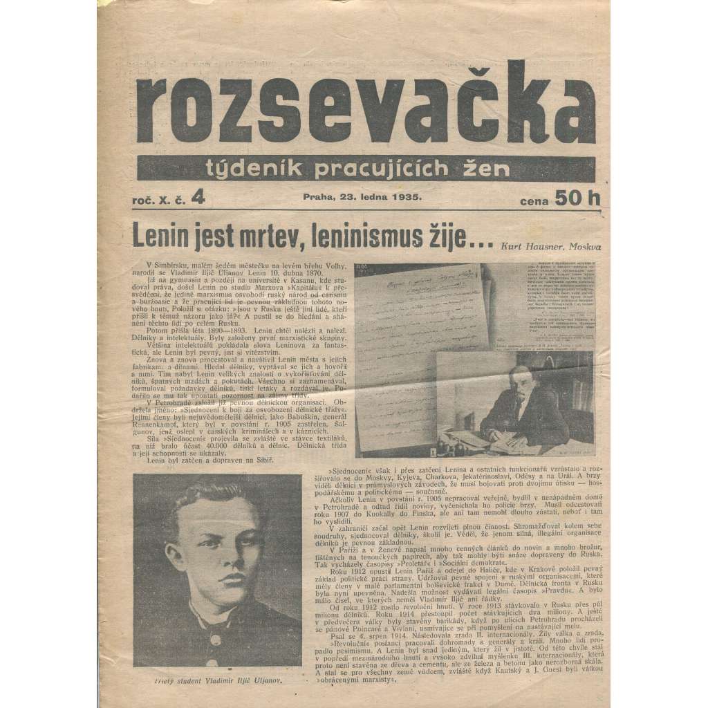 Rozsevačka, ročník X., číslo 4/1935. Týdeník pracujících žen (časopis, 1. republika, noviny)