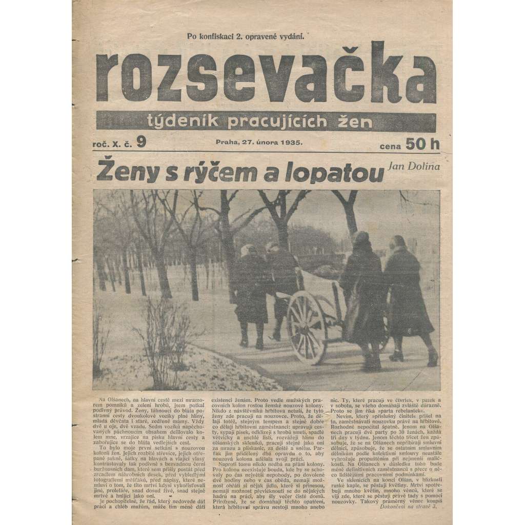 Rozsevačka, ročník X., číslo 9/1935. Týdeník pracujících žen (časopis, 1. republika, noviny)