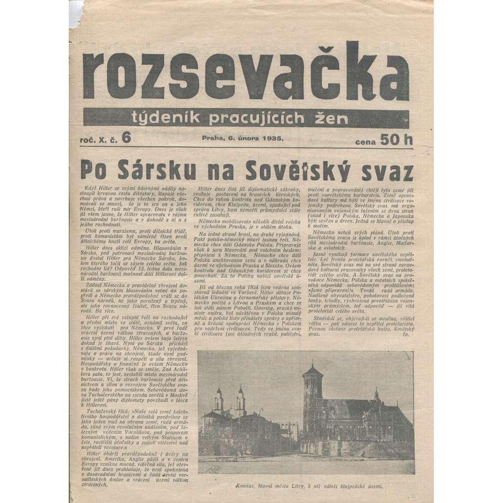 Rozsevačka, ročník X., číslo 6/1935. Týdeník pracujících žen (časopis, 1. republika, noviny)