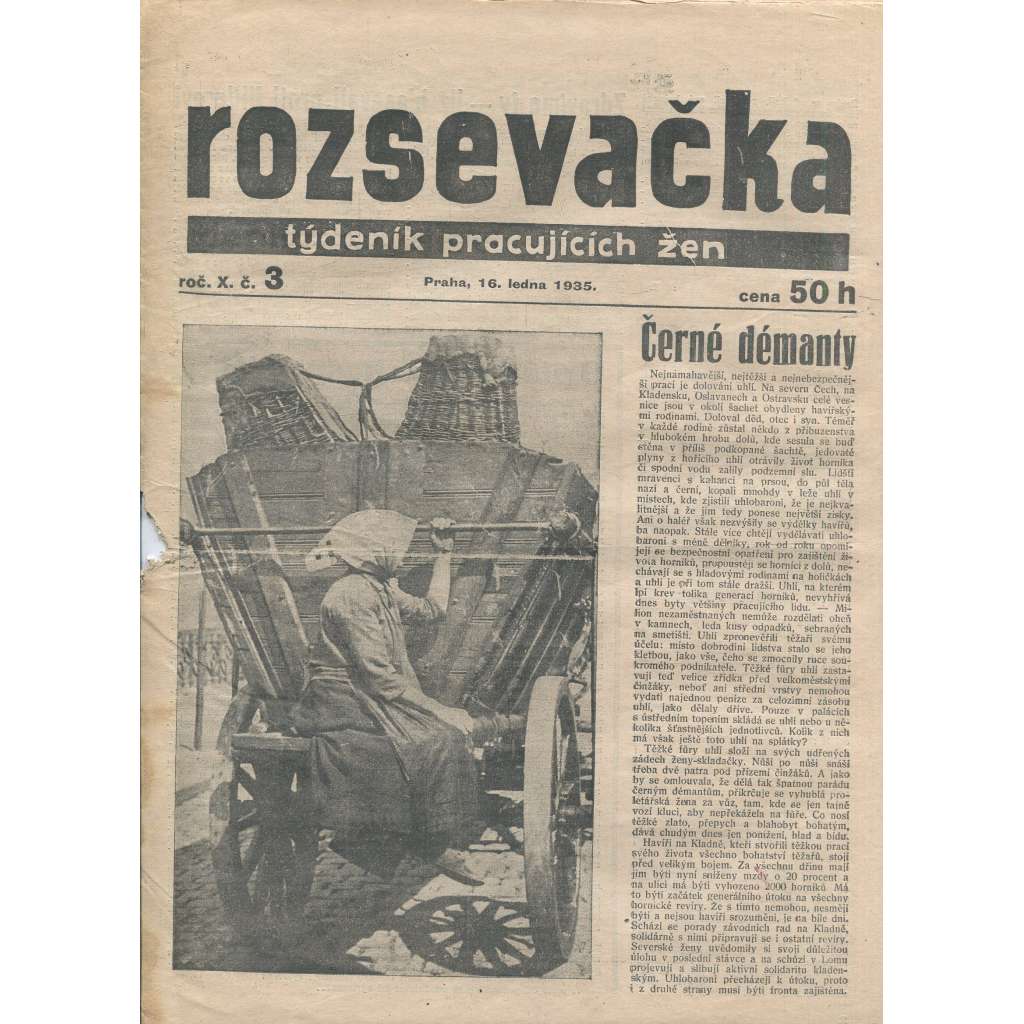 Rozsevačka, ročník X., číslo 3/1935. Týdeník pracujících žen (časopis, 1. republika, noviny)