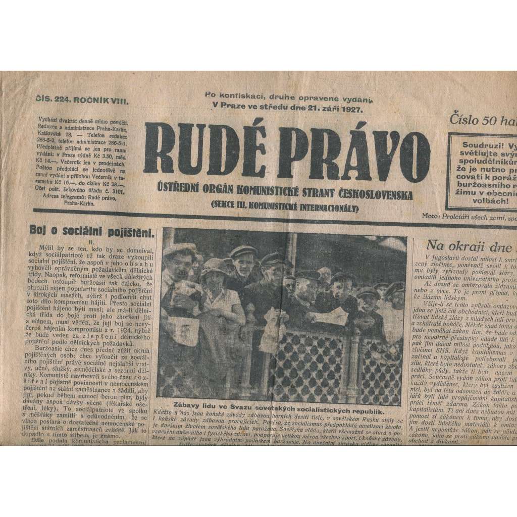 Rudé právo, ročník VIII., číslo 224. (21.9.1927). Ústřední orgán Komunistické strany Československa (1. republika, noviny)
