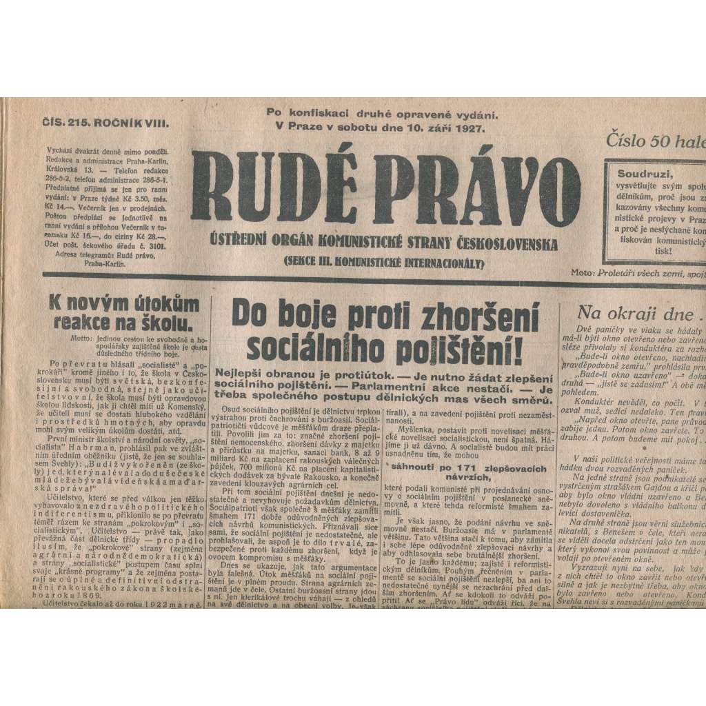 Rudé právo, ročník VIII., číslo 215. (10.9.1927). Ústřední orgán Komunistické strany Československa (1. republika, noviny)