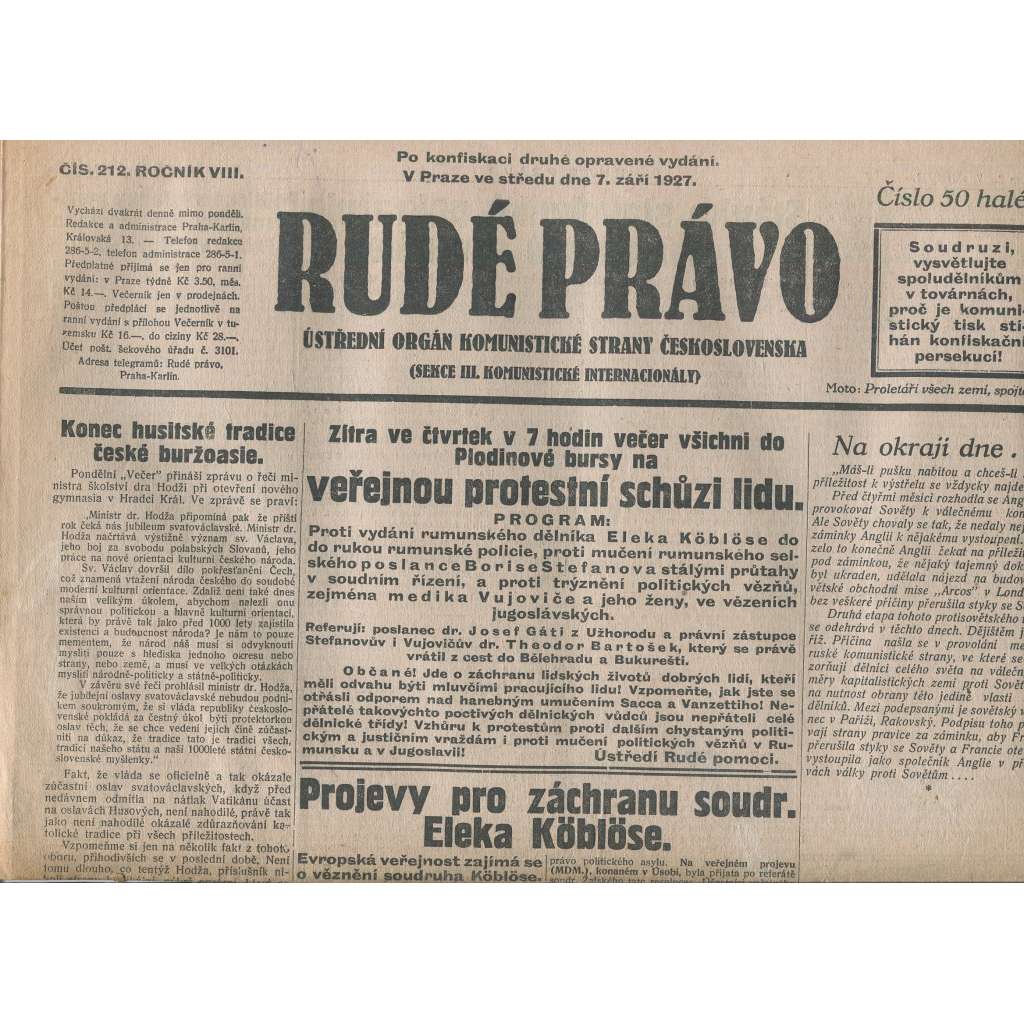 Rudé právo, ročník VIII., číslo 212. (7.9.1927). Ústřední orgán Komunistické strany Československa (1. republika, noviny)