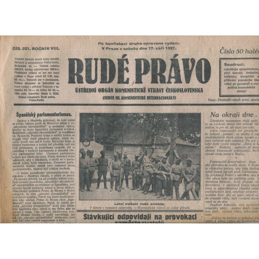 Rudé právo, ročník VIII., číslo 221. (17.9.1927). Ústřední orgán Komunistické strany Československa (1. republika, noviny)
