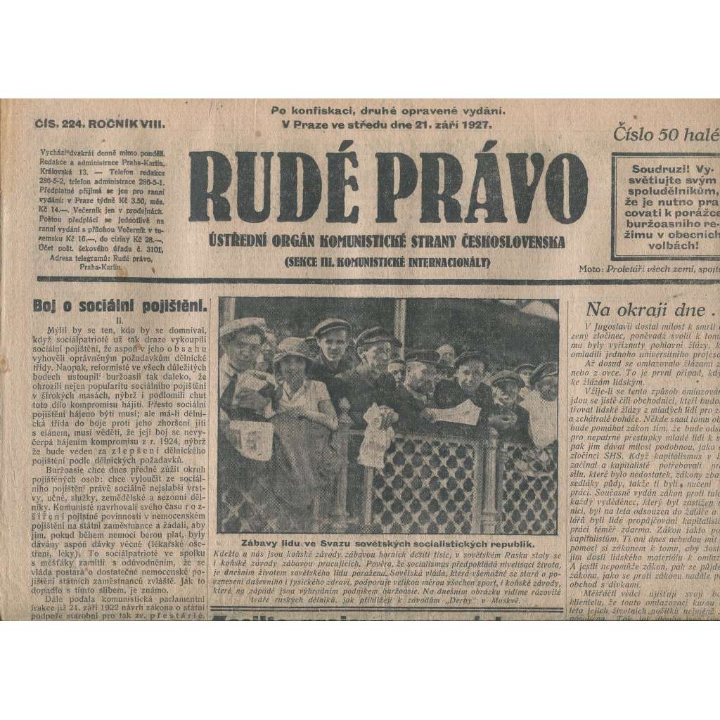 Rudé právo, ročník VIII., číslo 224. (21.9.1927). Ústřední orgán Komunistické strany Československa (1. republika, noviny)