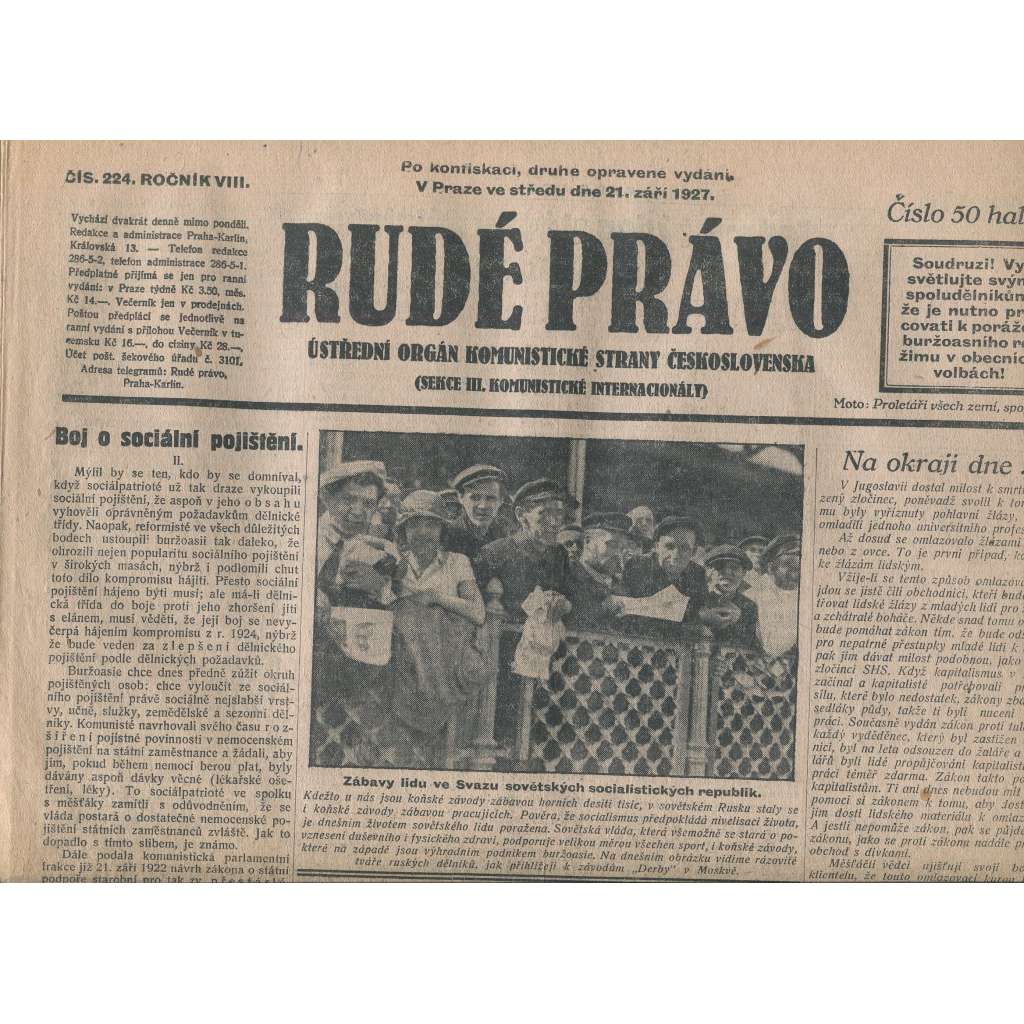 Rudé právo, ročník VIII., číslo 224. (21.9.1927). Ústřední orgán Komunistické strany Československa (1. republika, noviny)