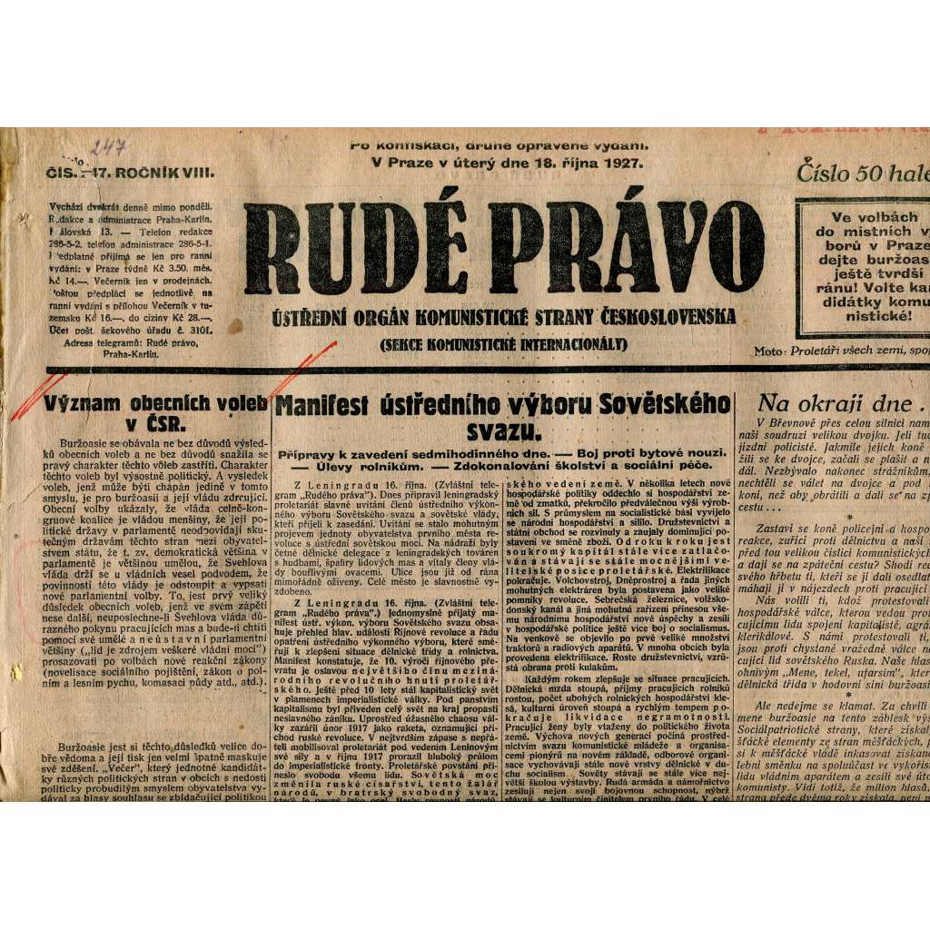 Rudé právo, ročník VIII., číslo 247. (18.10.1927). Ústřední orgán Komunistické strany Československa (1. republika, noviny)