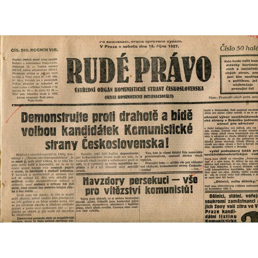 Rudé právo, ročník VIII., číslo 245. (15.10.1927). Ústřední orgán Komunistické strany Československa (1. republika, noviny)