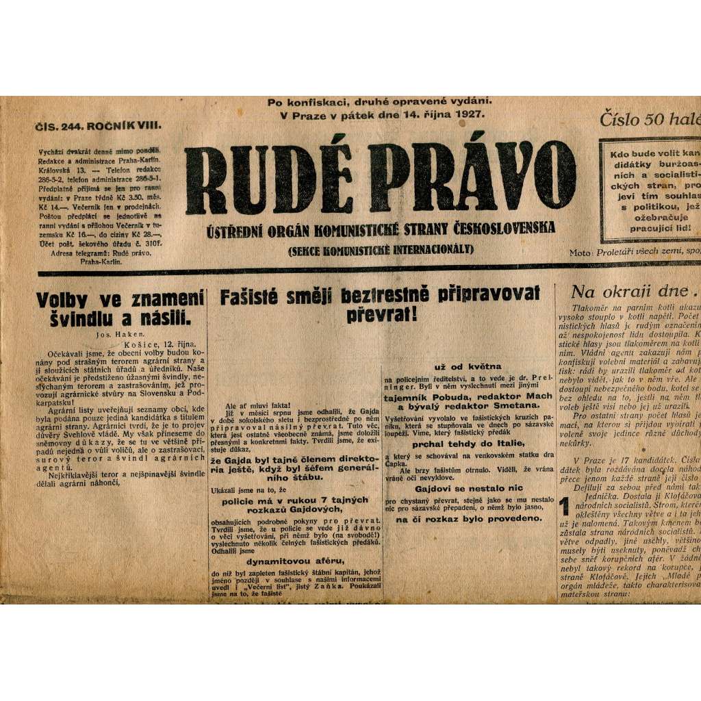 Rudé právo, ročník VIII., číslo 244. (14.10.1927). Ústřední orgán Komunistické strany Československa (1. republika, noviny)