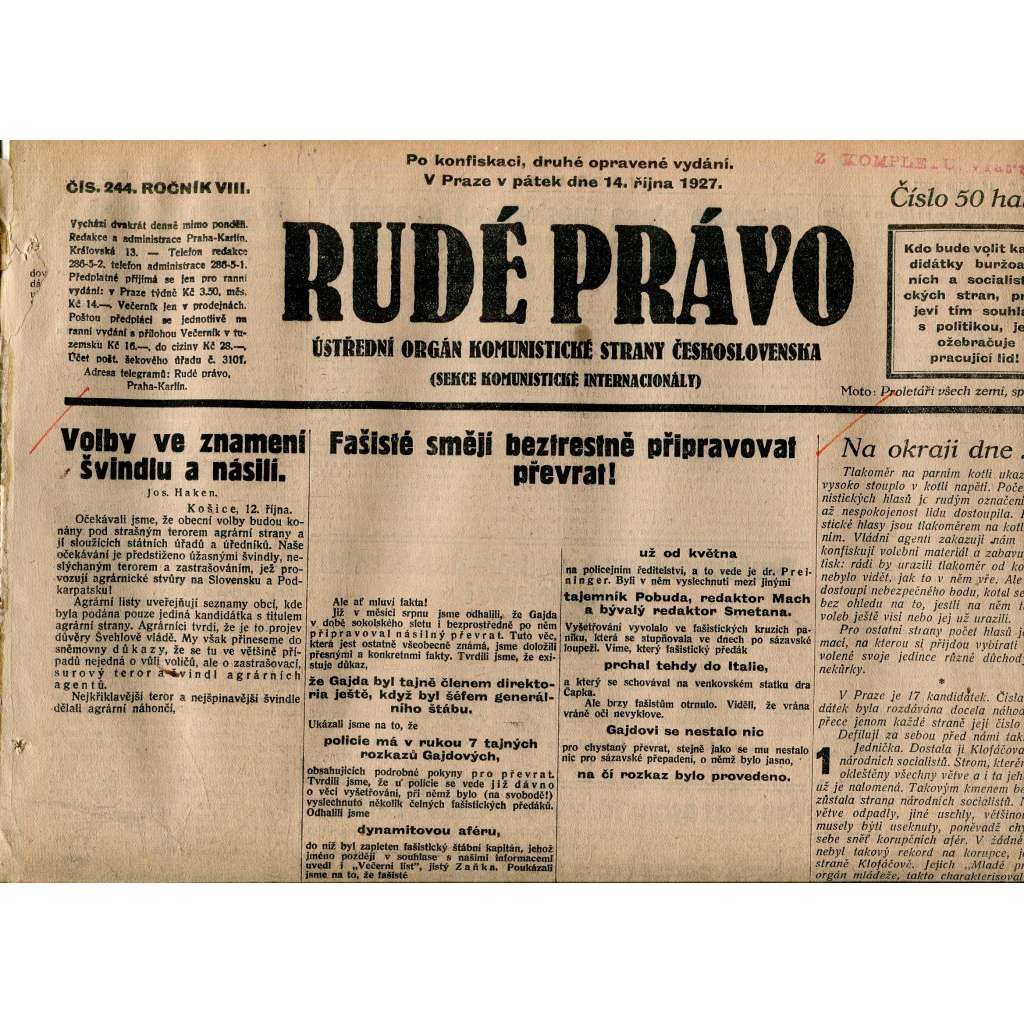 Rudé právo, ročník VIII., číslo 244. (14.10.1927). Ústřední orgán Komunistické strany Československa (1. republika, noviny)