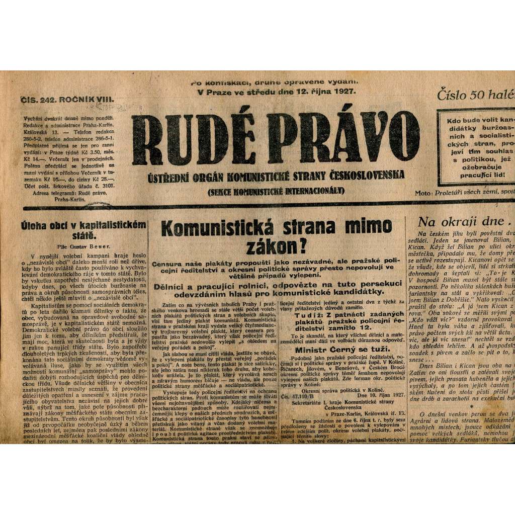 Rudé právo, ročník VIII., číslo 242. (12.10.1927). Ústřední orgán Komunistické strany Československa (1. republika, noviny)