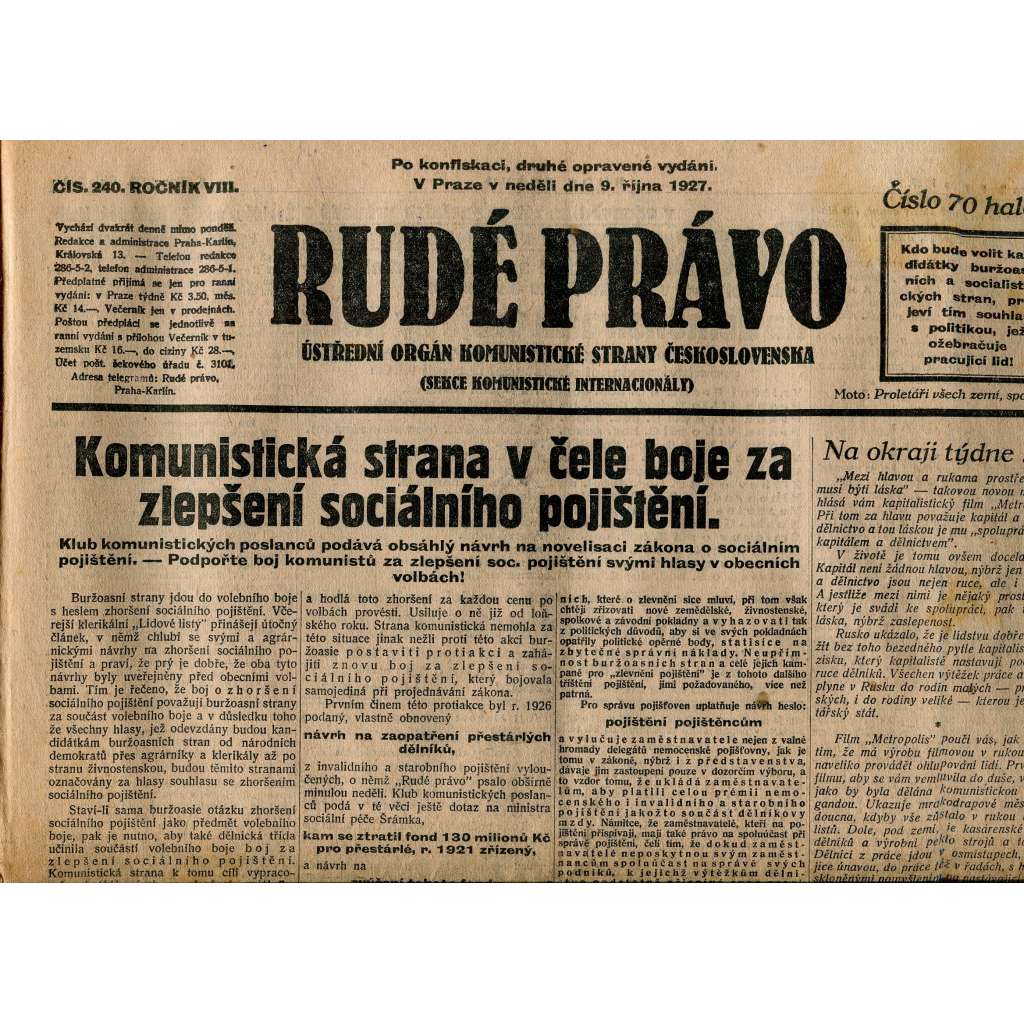 Rudé právo, ročník VIII., číslo 240. (9.10.1927). Ústřední orgán Komunistické strany Československa (1. republika, noviny)