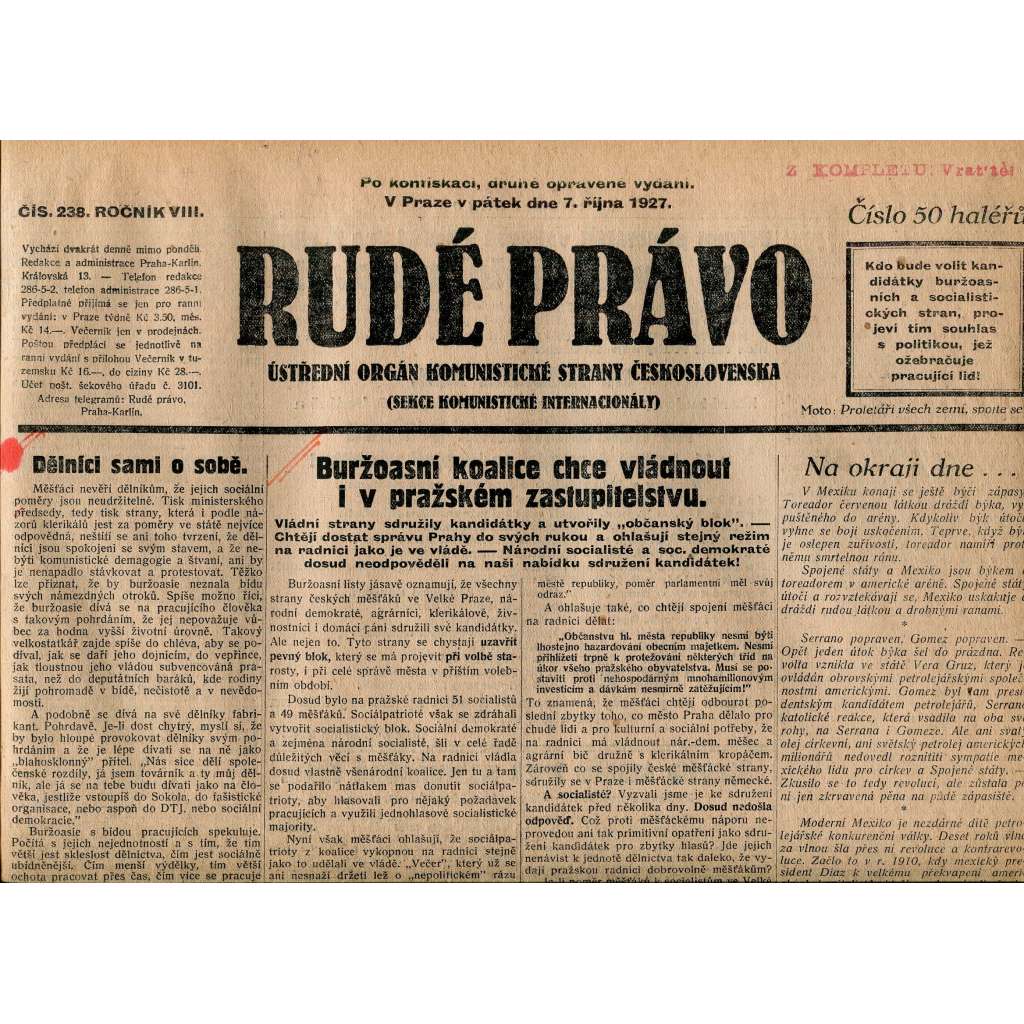 Rudé právo, ročník VIII., číslo 238. (7.10.1927). Ústřední orgán Komunistické strany Československa (1. republika, noviny)
