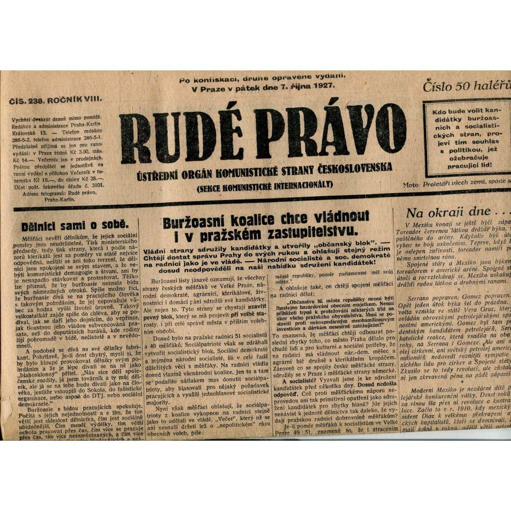Rudé právo, ročník VIII., číslo 238. (7.10.1927). Ústřední orgán Komunistické strany Československa (1. republika, noviny)