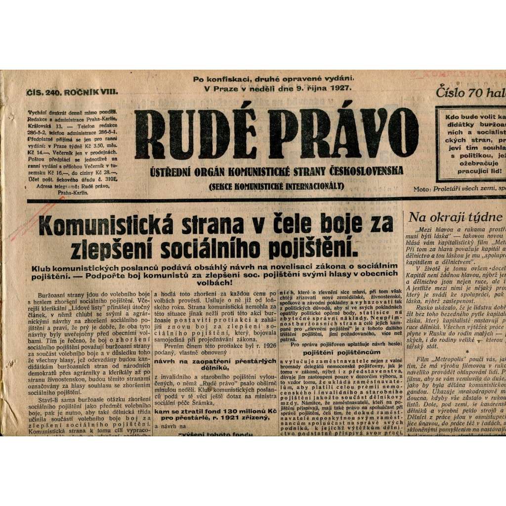 Rudé právo, ročník VIII., číslo 240. (9.10.1927). Ústřední orgán Komunistické strany Československa (1. republika, noviny)