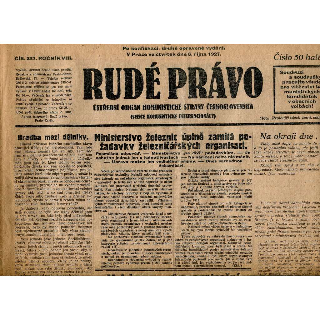 Rudé právo, ročník VIII., číslo 237. (6.10.1927). Ústřední orgán Komunistické strany Československa (1. republika, noviny)