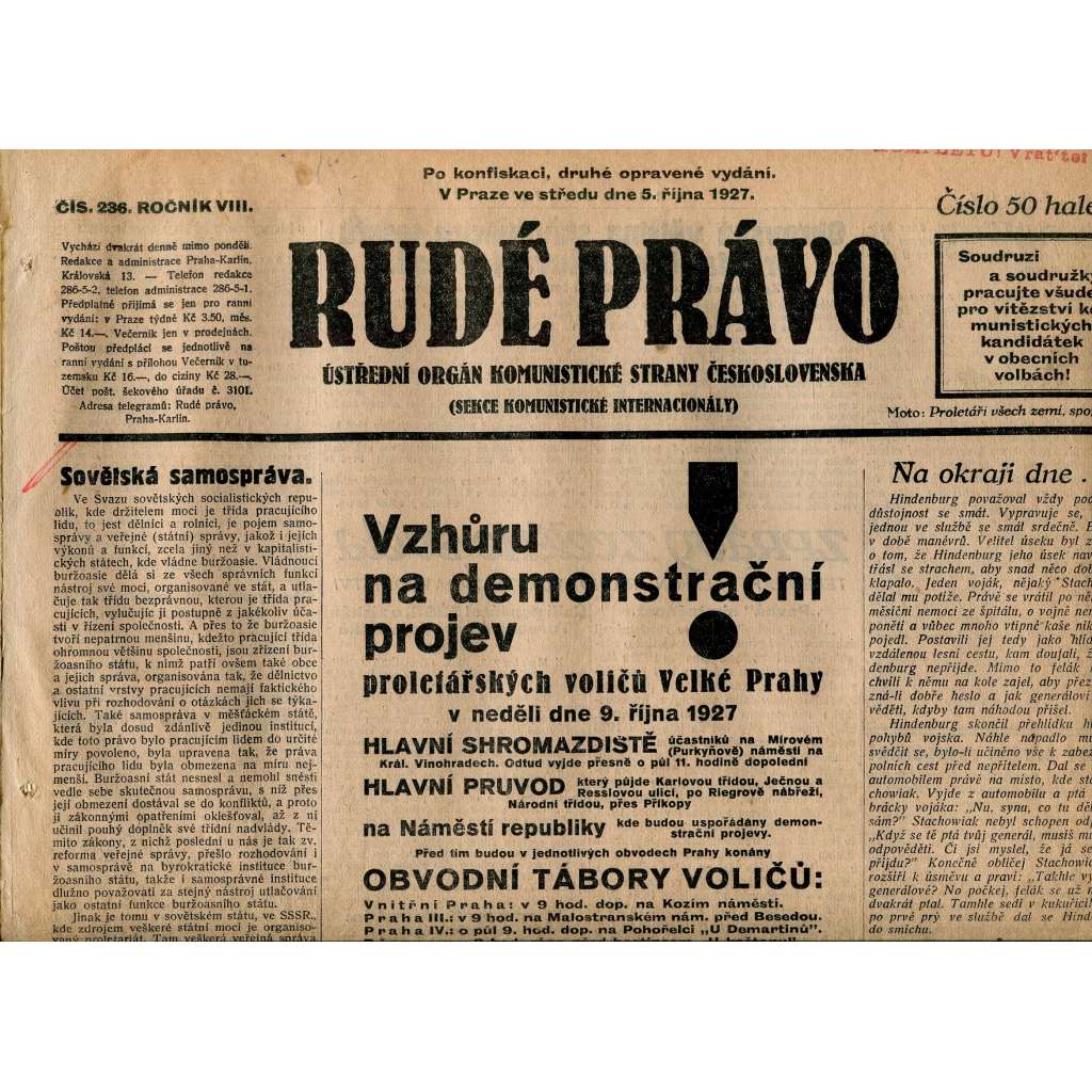 Rudé právo, ročník VIII., číslo 236. (5.10.1927). Ústřední orgán Komunistické strany Československa (1. republika, noviny)