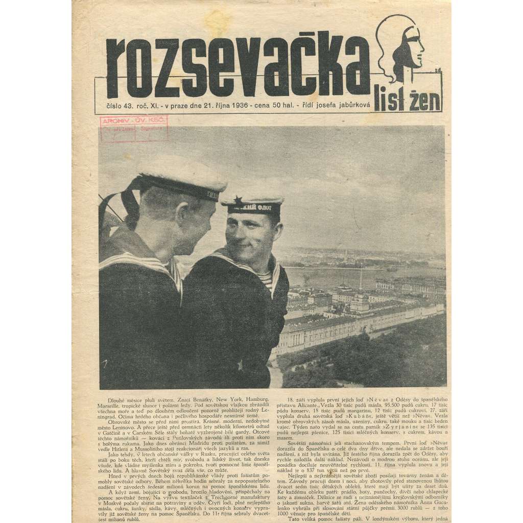 Rozsevačka, ročník XI., číslo 43/1936. List žen (časopis, 1. republika, noviny)