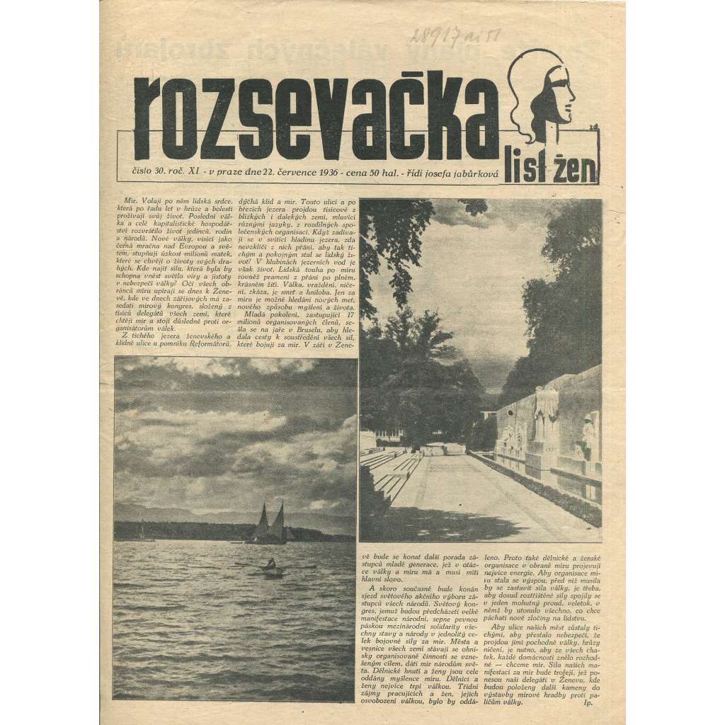 Rozsevačka, ročník XI., číslo 30/1936. List žen (časopis, 1. republika, noviny)