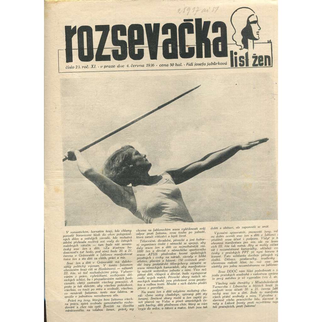 Rozsevačka, ročník XI., číslo 23/1936. List žen (časopis, 1. republika, noviny)