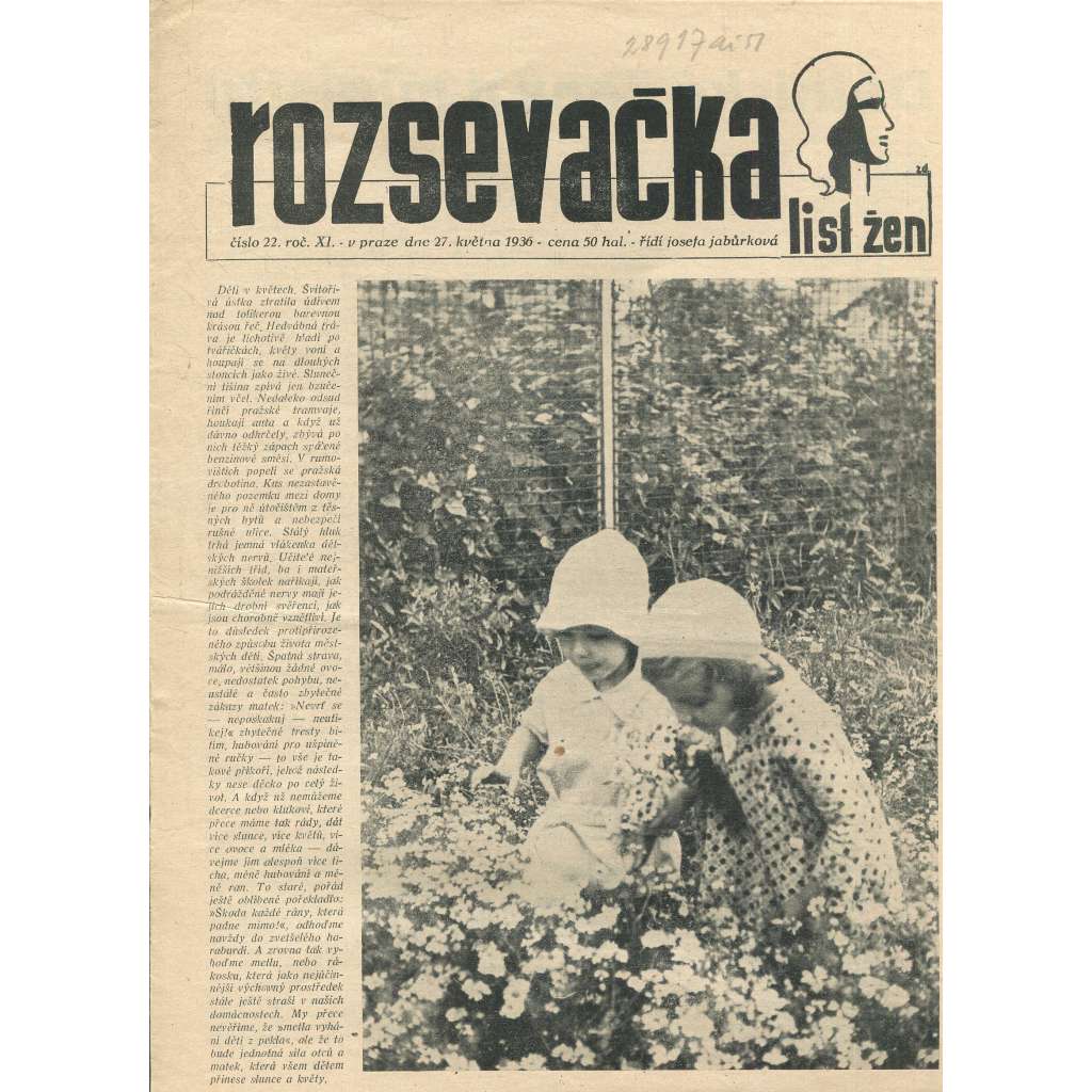 Rozsevačka, ročník XI., číslo 22/1936. List žen (časopis, 1. republika, noviny)