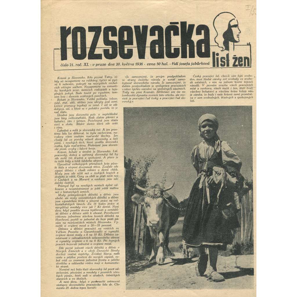 Rozsevačka, ročník XI., číslo 21/1936. List žen (časopis, 1. republika, noviny)