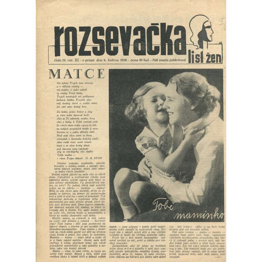 Rozsevačka, ročník XI., číslo 19/1936. List žen (časopis, 1. republika, noviny)